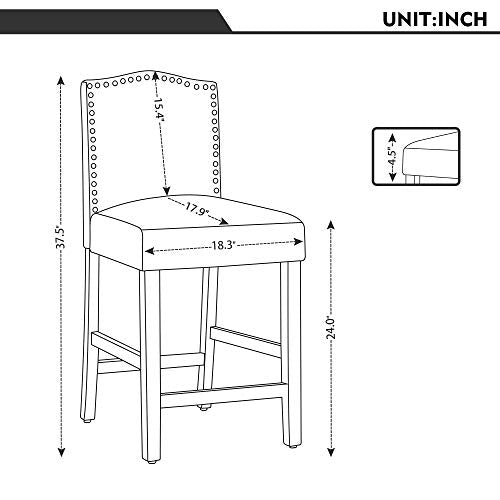 LSSBOUGHT Counter Stools, 24 inches Upholstered Bar Chairs with Solid Wood Legs and Nailed Trim Set of 2 (Beige)