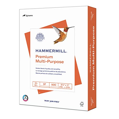 Hammermill Printer Paper, Premium Multipurpose Paper 24 lb, 8.5 x 11 - 5 Ream (2,500 Sheets) - 97 Bright, Made in the USA, 105810C