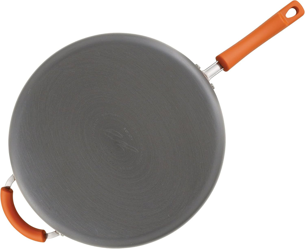Rachael Ray Brights Hard-Anodized Aluminum Nonstick Cookware Set with Glass Lids, 10-Piece Pot and Pan Set, Gray with Orange Handles and 14-Inch Frying Pan