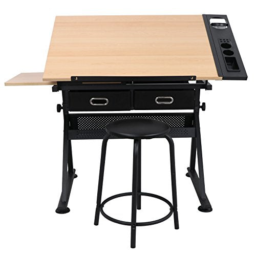 Drafting Table Art Desk, Height Adjustable Drawing Table Tilting Tabletop Work Station with Stool and Storage Drawer for Home, Office, Writing, Black