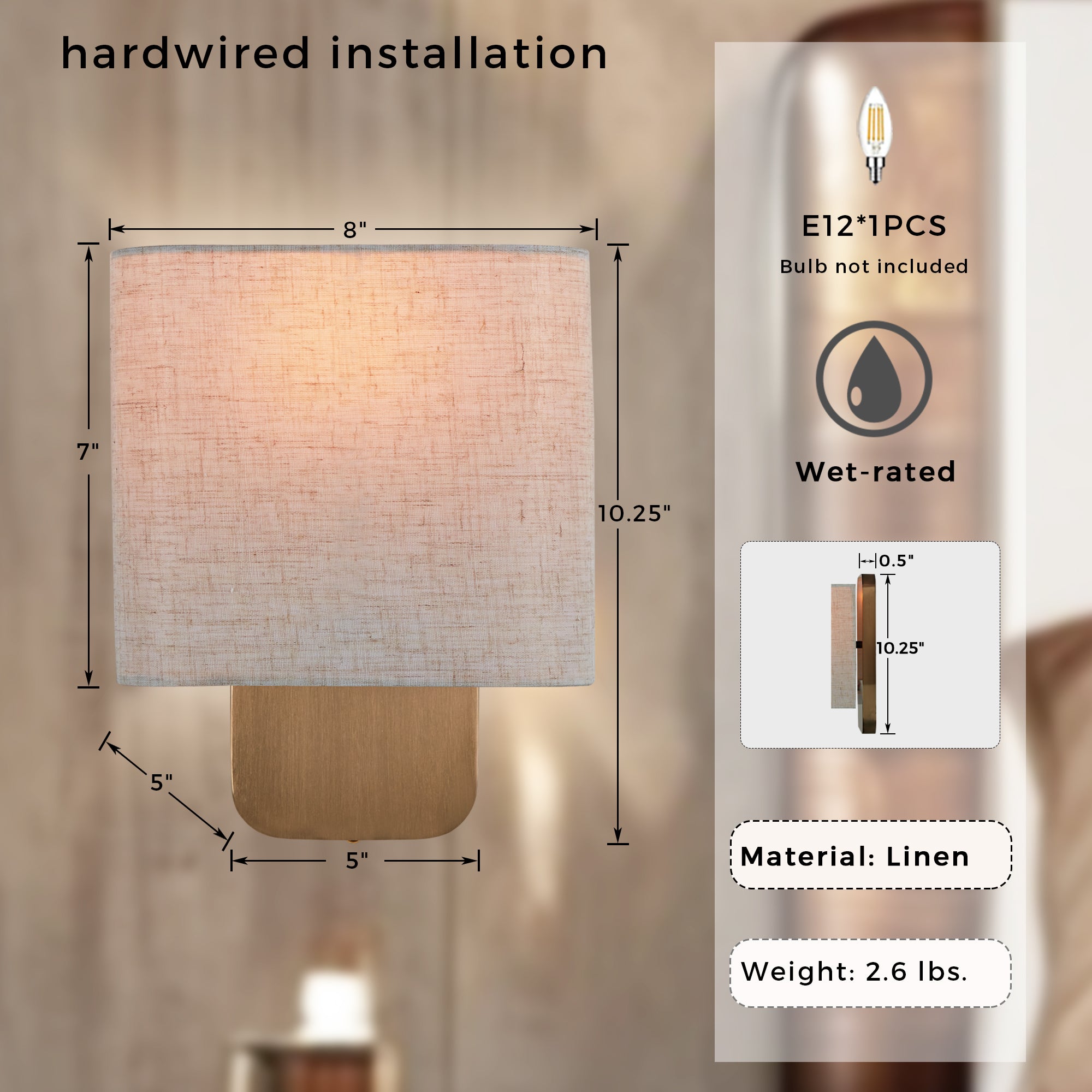 Modern Aleena Sconce with Linen Shade, Bedroom Wall Light Sconces, Modern Bathroom Sconces