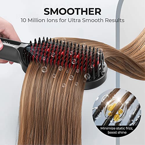 TYMO Hair Straightener Brush - Upgraded Ionic Plus Straightening Brush with Dense Bristles, 16 Temps, Dual Voltage | Heat Brush Straightener for Women | Flat Iron Comb for Thick Curly Hair