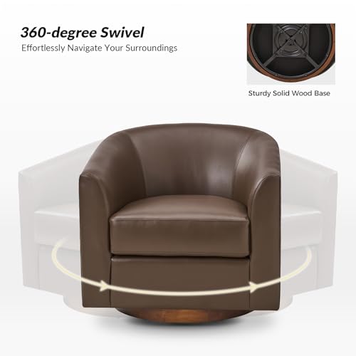 HULALA HOME Swivel Barrel Chair Set of 2, Genuine Leather Swivel Accent Chair with Solid Wood Base, Round Barrel Chair for Living Room & Bedroom, Brown