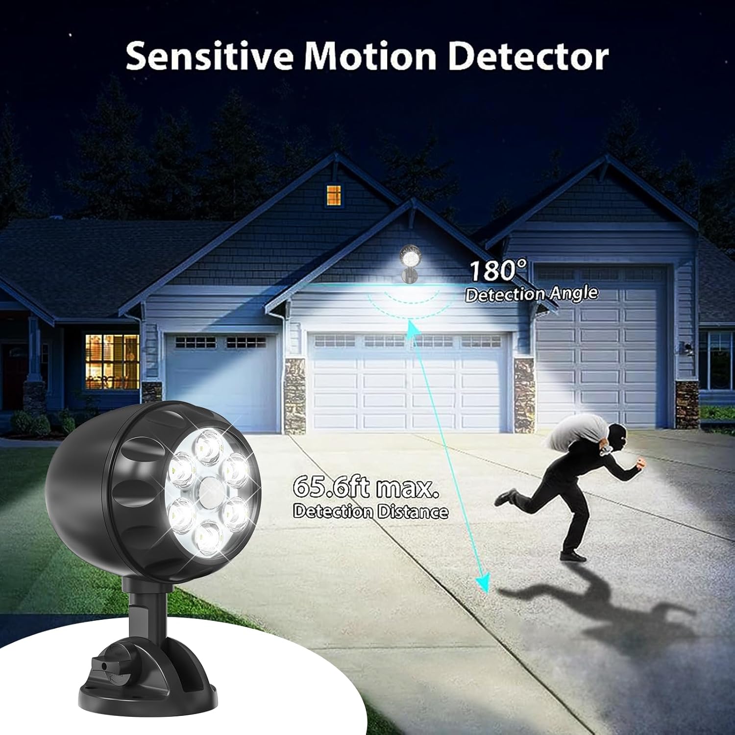 Led Motion Sensor Light Battery Operated, IP65 Waterproof Ultra Bright Motion Sensor Outdoor Spotlight Head Adjustable with 8W 600 Lumen 6000K 6LEDs for Garage Yard Porch Patio 2P