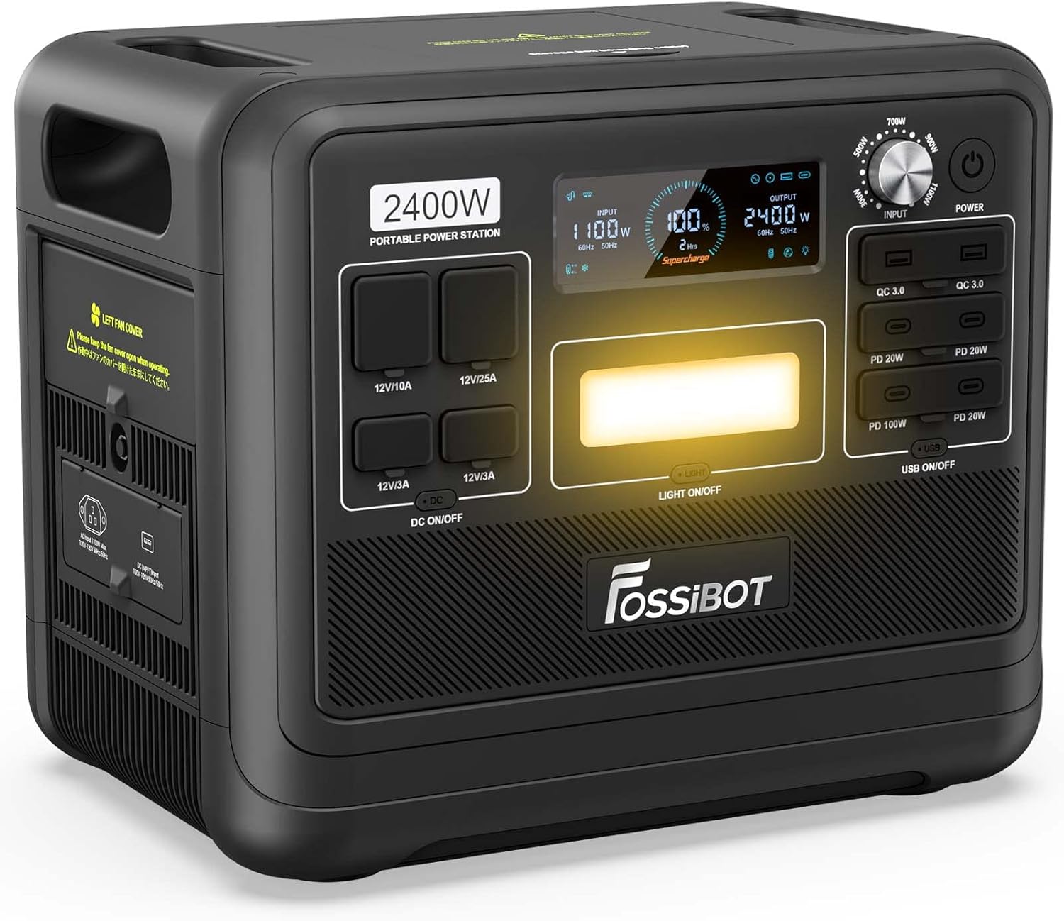 FOSSiBOT F2400 Portable Power Station, 2048Wh LiFePO4 Battery Backup/100-110V AC 2400W Outlets (4800W Peak)/ 1.5H Fast Charging/12V DC/18W USB-A/20W/100W USB-C/LED for Home Use Camping RV Emergency 1