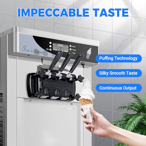 Commercial Ice Cream Maker, 1800W 3 Flavors Soft Serve Ice Cream Machine, 25L/H Yield 5.3 to 7.4Gallon per Hour PreCooling at Night Auto Clean LCD Panel for Restaurants Snack Bar, Sliver