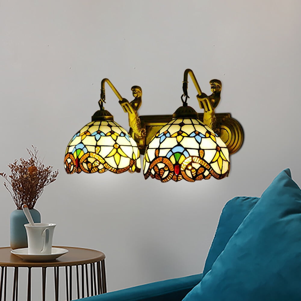 Retro Gold Stained Glass Wall Sconce 2 Lights Tiffany Mermaid Vanity Fixture Wall Light for Front Doors