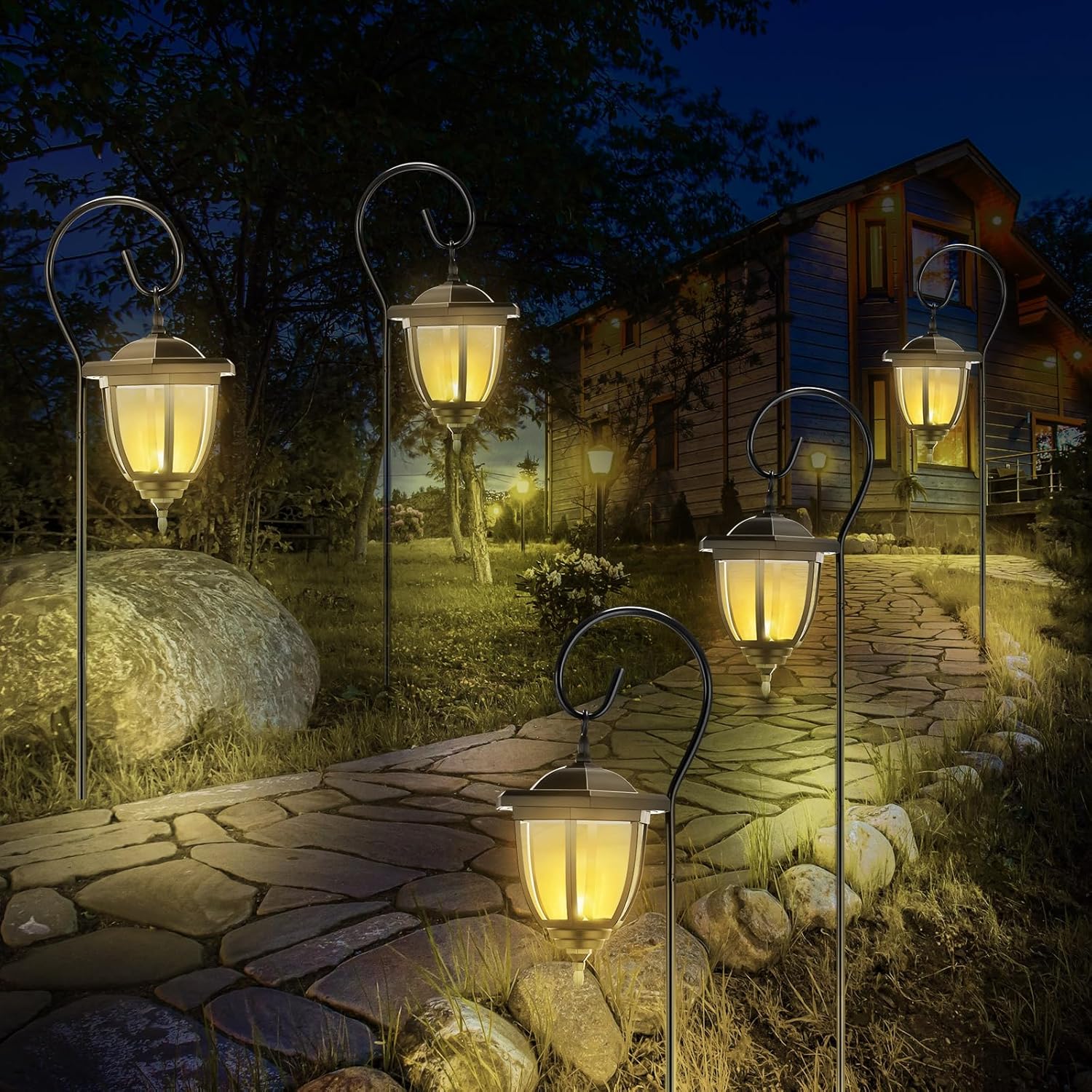 6 Pcs 32" Hanging Solar Lantern Lights with Dual Use Shepherd Hooks Outdoor LED Garden Lanterns Decorative Waterproof Pathway Hanging Lights Solar Coach Lights for Garden Patio