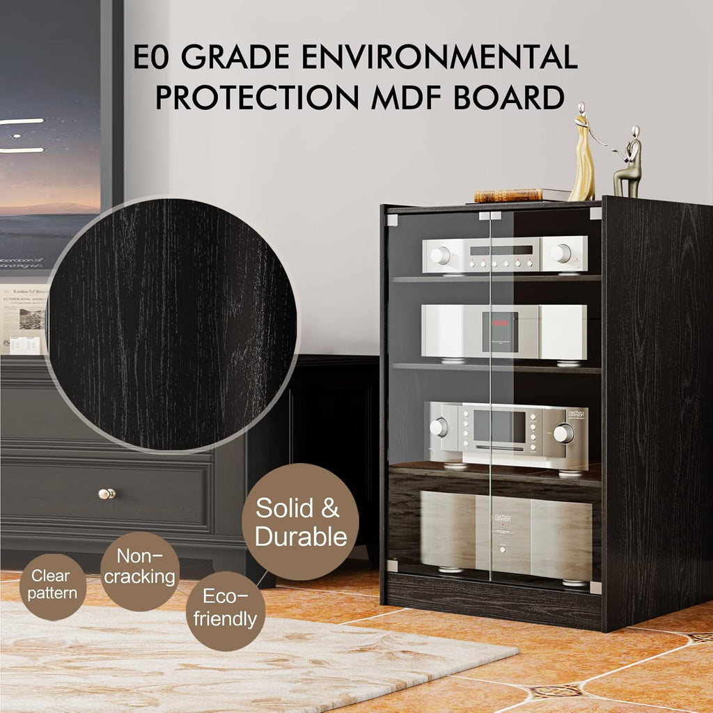 Media Storage Cabinet with Height Adjustable, 4-Tier Shelves Audio Video Media Stand Cabinet, Modern AV Cabinet with Glass Doors, Storage for Entertainment Stereo Component