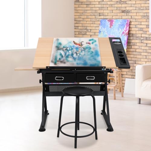 Drafting Table Art Desk, Height Adjustable Drawing Table Tilting Tabletop Work Station with Stool and Storage Drawer for Home, Office, Writing, Black