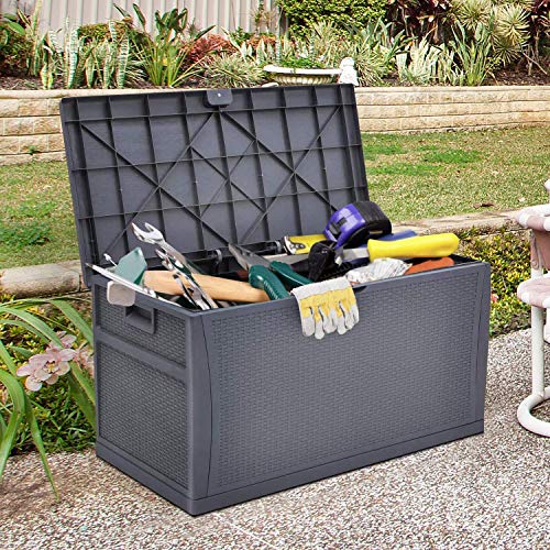 75 Gallon Outdoor Storage Deck Box Patio Sun-proof Woodgrain Patio Storage Box for Patio, Garden, Balcony,Grey
