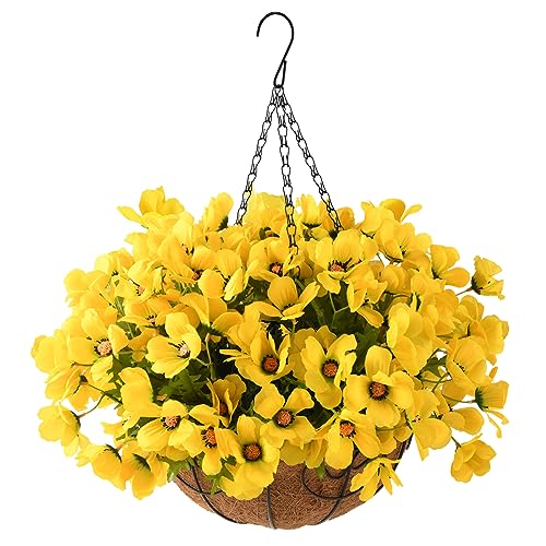 INQCMY Artificial Hanging Flowers in Basket for Patio Lawn Garden Decor,12 inch Coconut Lining Hanging Baskets with Artificial Flowers for Home Porch Outdoors Summer Decoration(Purple)