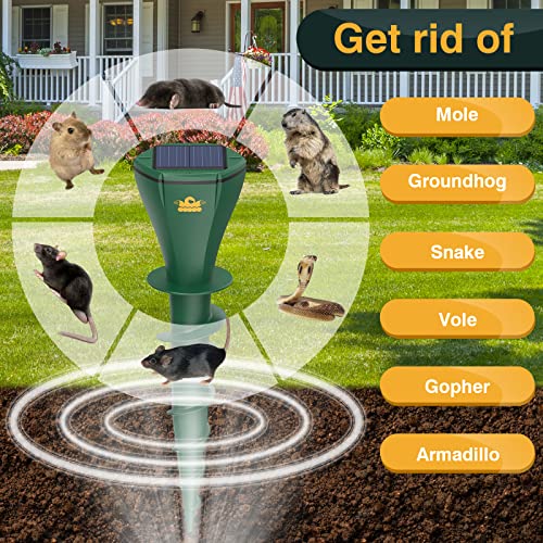 8PCS Mole Repellent Solar Powered, 3 Modes, Repels Moles, Gophers, Snakes and Voles by Vibrating and Varying The Sonic at 2 Minute intervals.