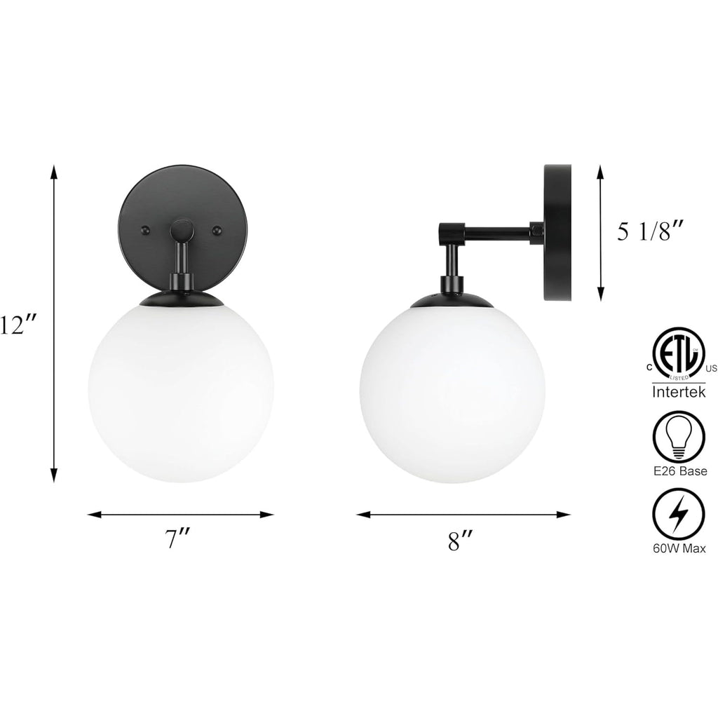 Lighting Wall Light 1 Light Vintage Wall Sconce with Globe Glass, Bathroom Vanity Light in Matte Black for Bathroom & Bedroom XB-W1211-MBK