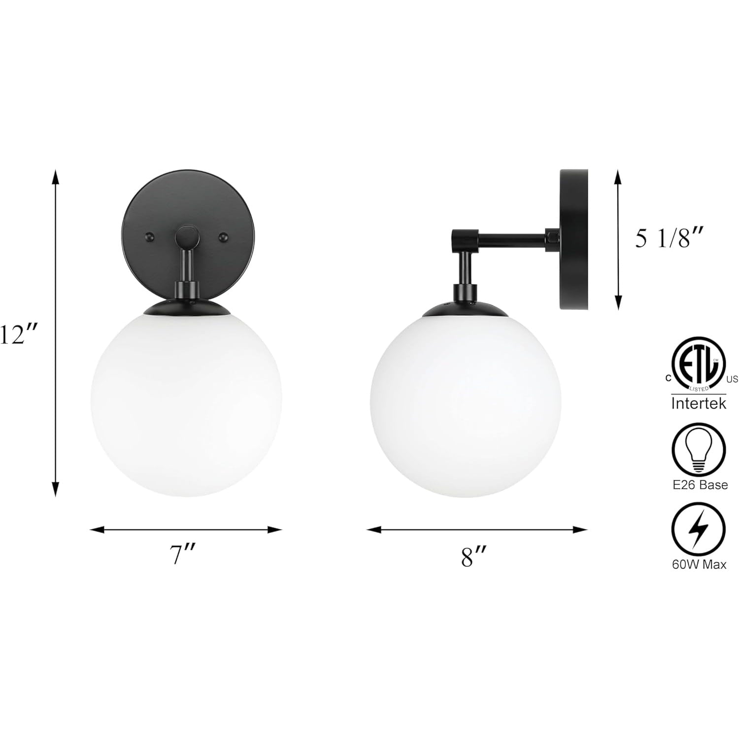Lighting Wall Light 1 Light Vintage Wall Sconce with Globe Glass, Bathroom Vanity Light in Matte Black for Bathroom & Bedroom XB-W1211-MBK
