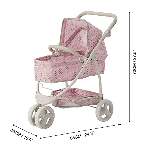 Olivia's Little World 2-in-1 Convertible Baby Doll Stroller with Retractable Canopy, All-Terrain Wheels, and Adjustable Handle, Cream and Pink with Gray Polka Dots