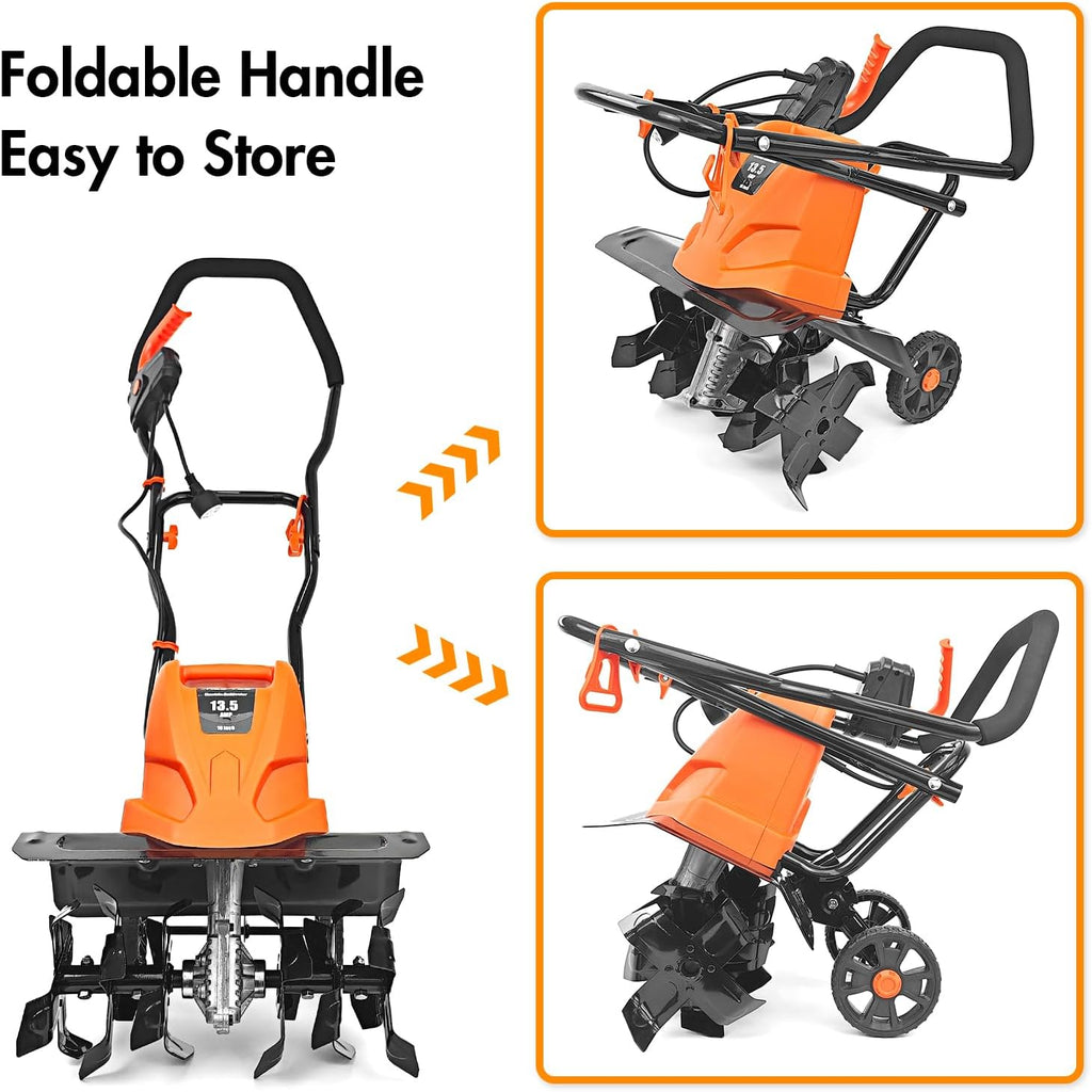 NEO-TEC 16 Inch 13.5 AMP Electric Corded Garden Tiller & Cultivator, Rototiller for Garden Tool, 8'' Tilling Depth Foldable Handle 6 Tines Tiller for Gardening