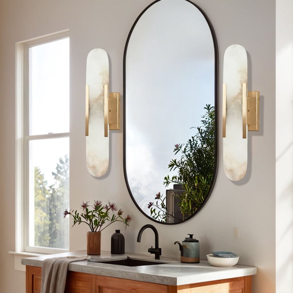 Sturdy Elongated Alabaster Shade Brass Sconce, Organic Texture Wall Light, Elegant Design Wall Lamp beside Mirror, for Hallway, Entryway, Bedroom, Living Room