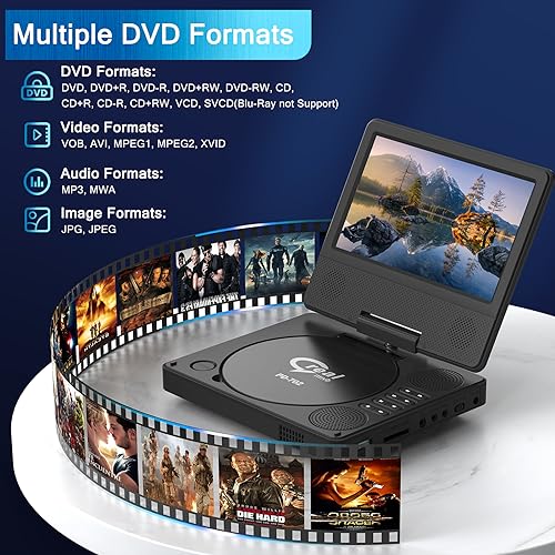9.5" Portable DVD Player with 7.5" Swivel Display Screen, 5-Hour Built-in Rechargeable Battery, Car DVD Player,Supports SD Card/USB/CD/DVD and Multiple Disc Formats, High Volume Speaker,Black……