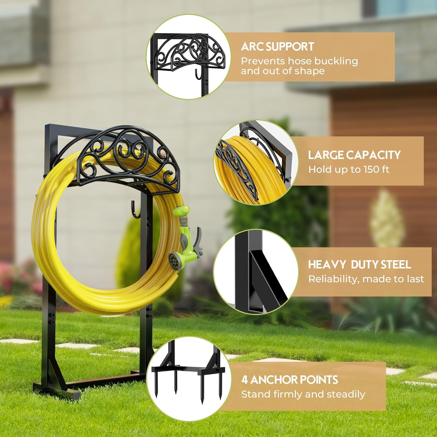 Garden Hose Holder, Detachable Metal Water Hose Holder, Freestanding Heavy Duty Hanger Storage Stand for Outside Yard