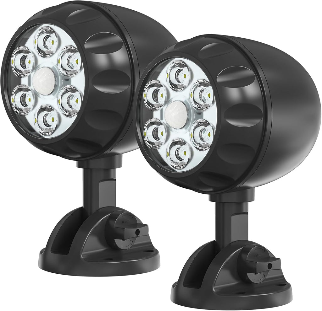 Led Motion Sensor Light Battery Operated, IP65 Waterproof Ultra Bright Motion Sensor Outdoor Spotlight Head Adjustable with 8W 600 Lumen 6000K 6LEDs for Garage Yard Porch Patio 2P