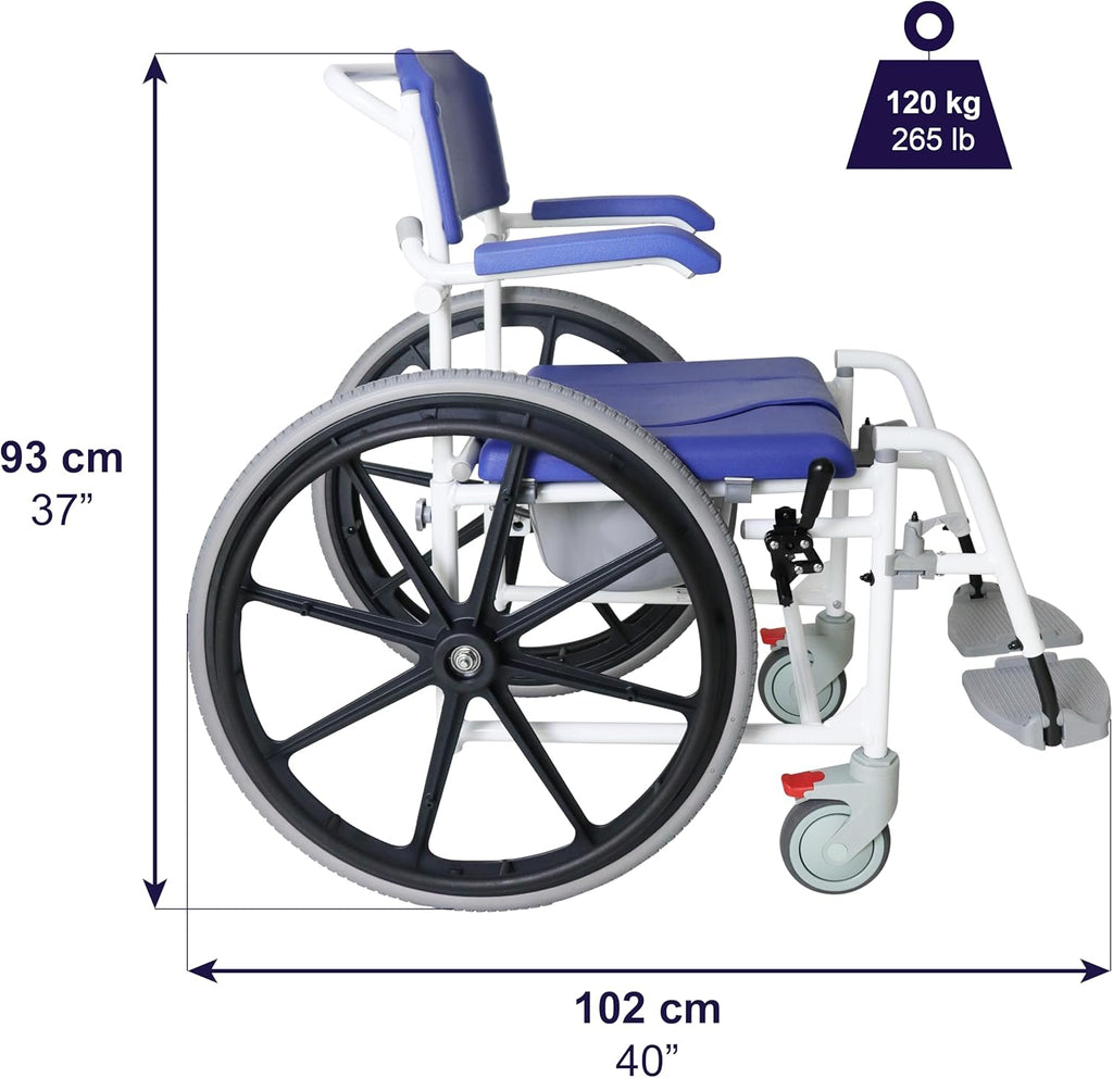 KMINA PRO - Shower Wheelchair for Inside Shower, Adjustable Shower Chair with Wheels for Disabled Adult, Self Propelled Shower Commode Wheelchairs, Rolling Shower Chair Blue