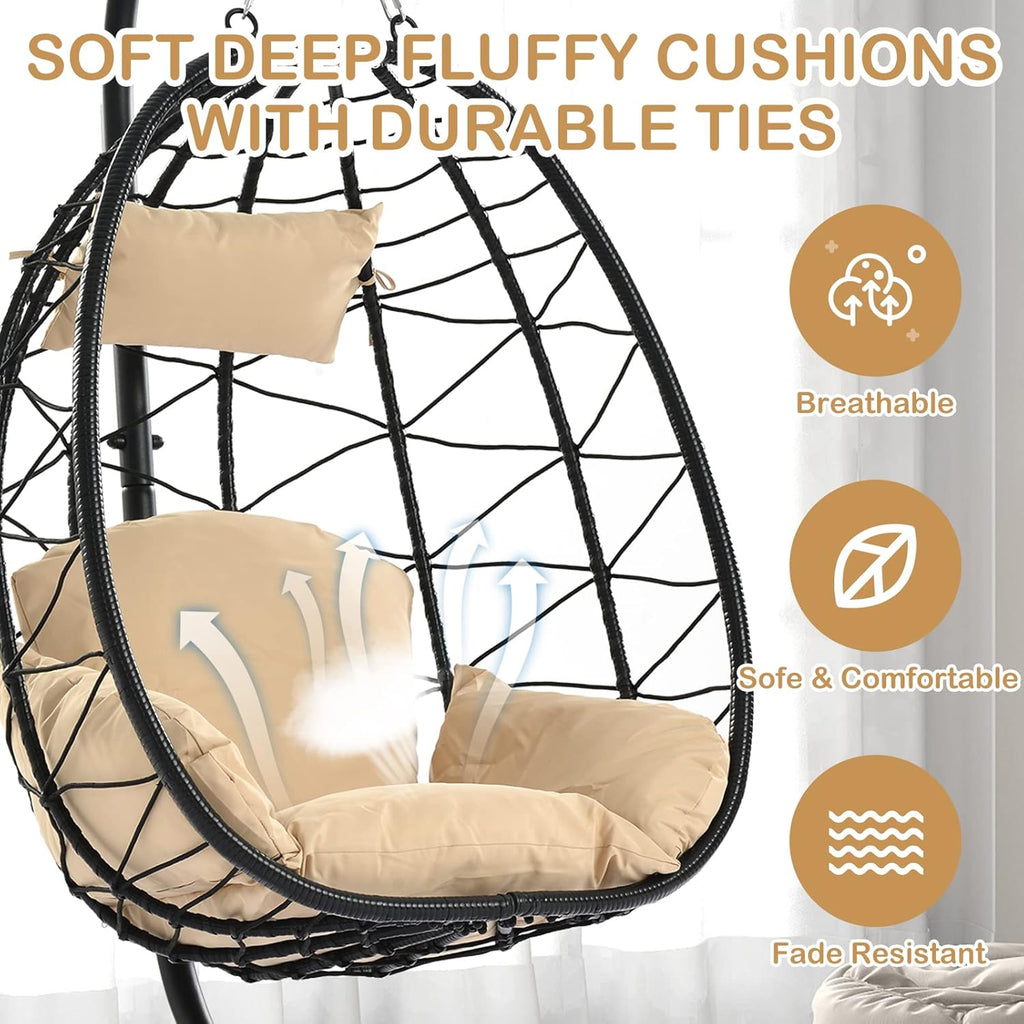 Hanging Egg Chair with Stand and Cushion, Indoor Outdoor Patio Wicker Hanging Swing Hammock Egg Chair, 350 Lbs Capacity