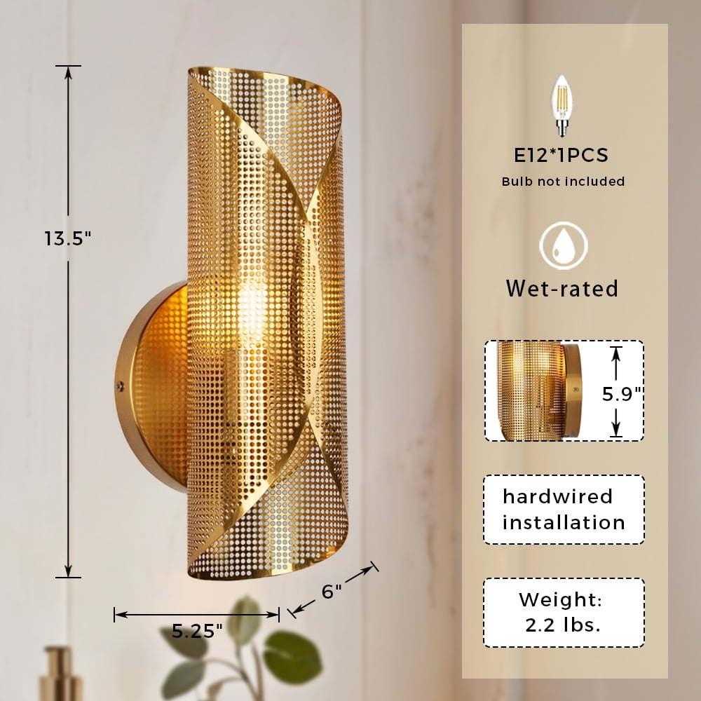 Modern Curved Elegance Rounded Perforated Metal Canopy Sconce,Wall Lights for Living Room,Outdoor Wall Lam,Kitchen Wall Sconce,Gold Sconces Bathroom,Bedroom Wall Light Sconces (1-Light)