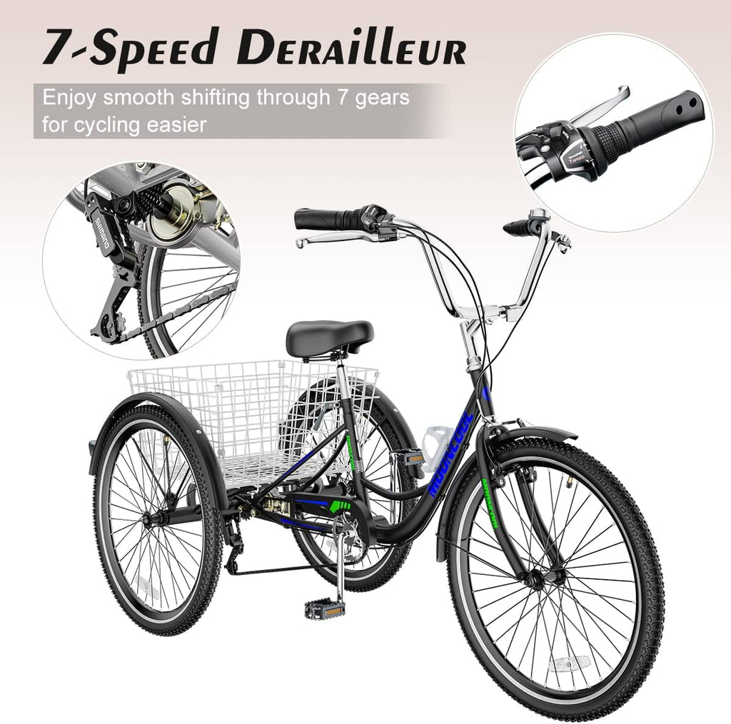 Adult Tricycle 7 Speed 3 Wheel Bike Adult Trikes, Three-Wheeled Bicycles Cruise Trike with Basket for Seniors, Women, Men for Recreation Shopping (24", Black with Blue)