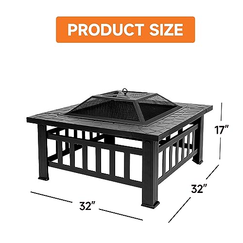 30" Fire Pit Table with Marble Tile Top, Fire Pit with Spark Screen Lid, Fire Grate, Waterproof Cover, and Fire Poker for Outside Patio, Yard Party, Garden