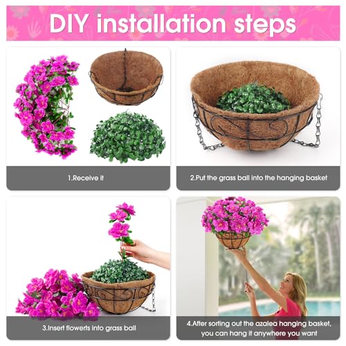Artificial Hanging Flowers with Basket, Silk Azalea Flowers in Coconut Lining Hanging Baskets, Fake Hanging Plants for Outdoors Indoors yard Garden Patio Home Room Porch Decorations (Fuchsia)