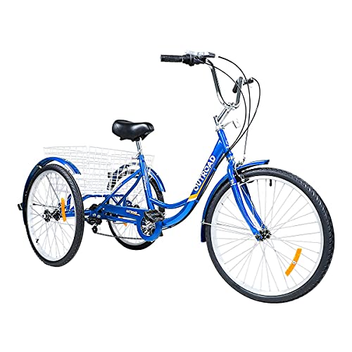 7-Speed Adult Tricycle with Large Basket 24/26 Inch, Stable 3-Wheel Cruise Bicycle for Shopping, Beach and City Trike Perfect for Men, Women, Seniors(Red/Blue)