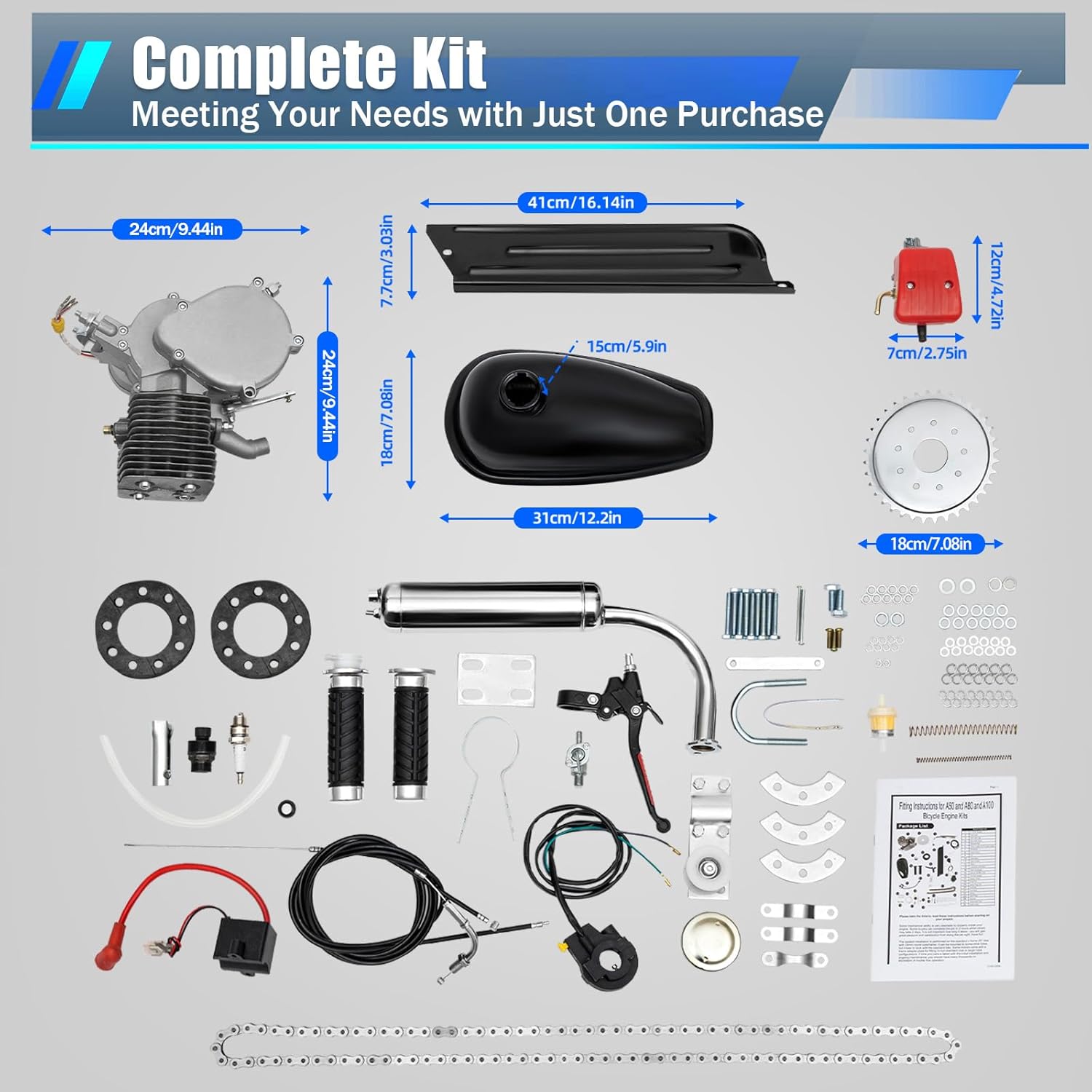 Bicycle Motor Kit,100cc 2 Stroke Motorized Bicycle Engine Kit, Motorized Bicycle Engine Kit with Air-Cooling, Bike Motor Kit Fit for 26"-28" Bikes