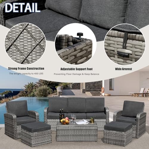 6 Pieces Patio Furniture Sets w/Cushions and Coffee Table, All Weather Wicker Outdoor Patio Conversation Sets w/Comfy Armrest,Patio Sectional Sofa Sets for Garden,Poolside,Backyard,Brown