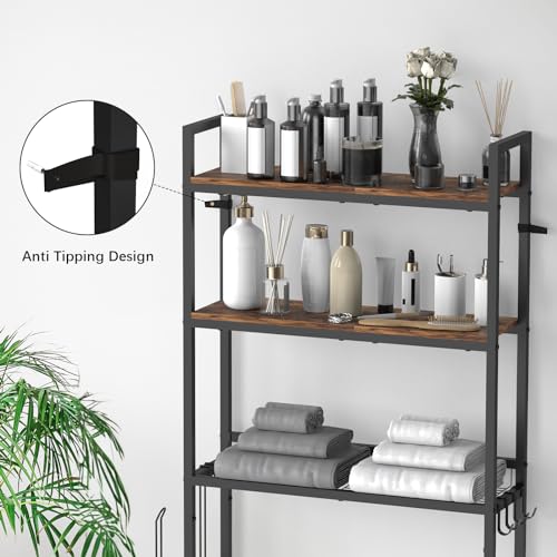 Over The Toilet Storage, Over Toilet Bathroom Organizer 3 Tier, above Toilet Storage Rack for Bathroom Freestanding Bathroom Space Saver with Metal Frame and 4 Hooks for Laundry, Brown