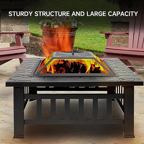30" Fire Pit Table with Marble Tile Top, Fire Pit with Spark Screen Lid, Fire Grate, Waterproof Cover, and Fire Poker for Outside Patio, Yard Party, Garden