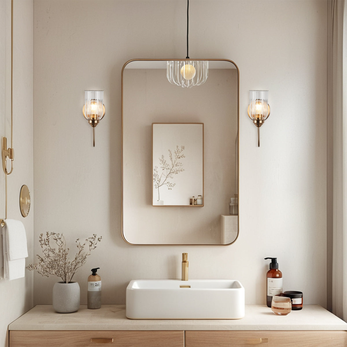 Mid Century Bathroom Vanity Wall Light Fixtures, Brass Wall Lamp with Glass Shade for Bedroom Mirror Living Room Kitchen