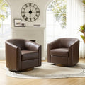HULALA HOME Swivel Barrel Chair Set of 2, Genuine Leather Swivel Accent Chair with Solid Wood Base, Round Barrel Chair for Living Room & Bedroom, Brown