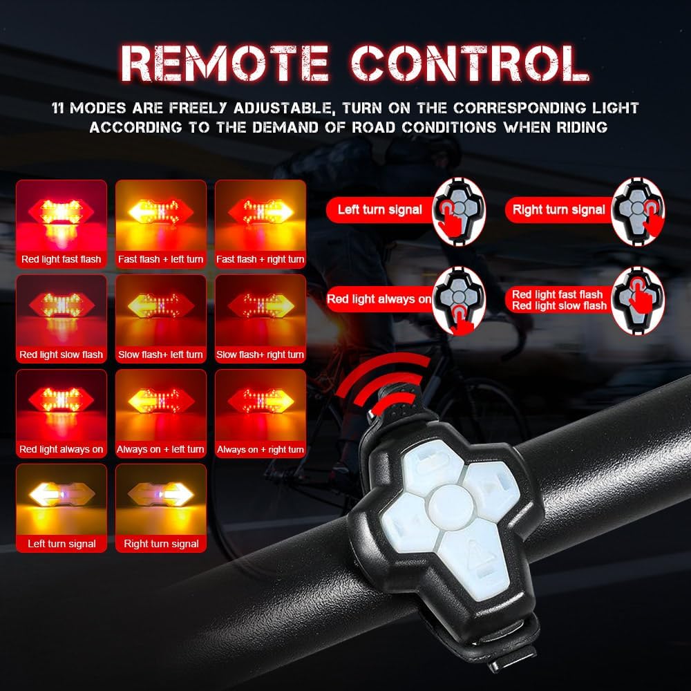 Bike Tail Light with Turn Signals, USB Rechargeable Wireless Remote Control-11 Modes Bright LED Rear Bicycle Light, Waterproof Safety Warning Saddle Light for Night