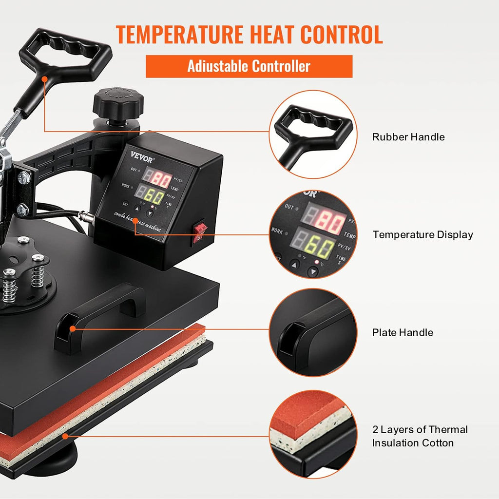 VEVOR Heat Press 15x15 Inch 8 in 1 Heat Press Machine, Swing Away Tshirt Press Machine Digital Control, Multifunctional Heat Transfer Machine Sublimation Combo for T-Shirt Hat Cap Mug Plate