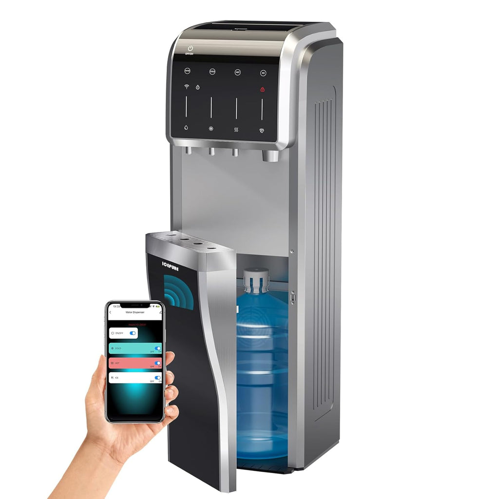 ICEPURE Water Dispenser with Ice Maker, 5-in-1 Water Cooler 5 Gallon Built-in Ice Maker Crushed Ice, Hot and Cold Water Dispenser Bottom Load, Bullet and Chewable Ice Maker, 35lbs/24H, Stainless Steel