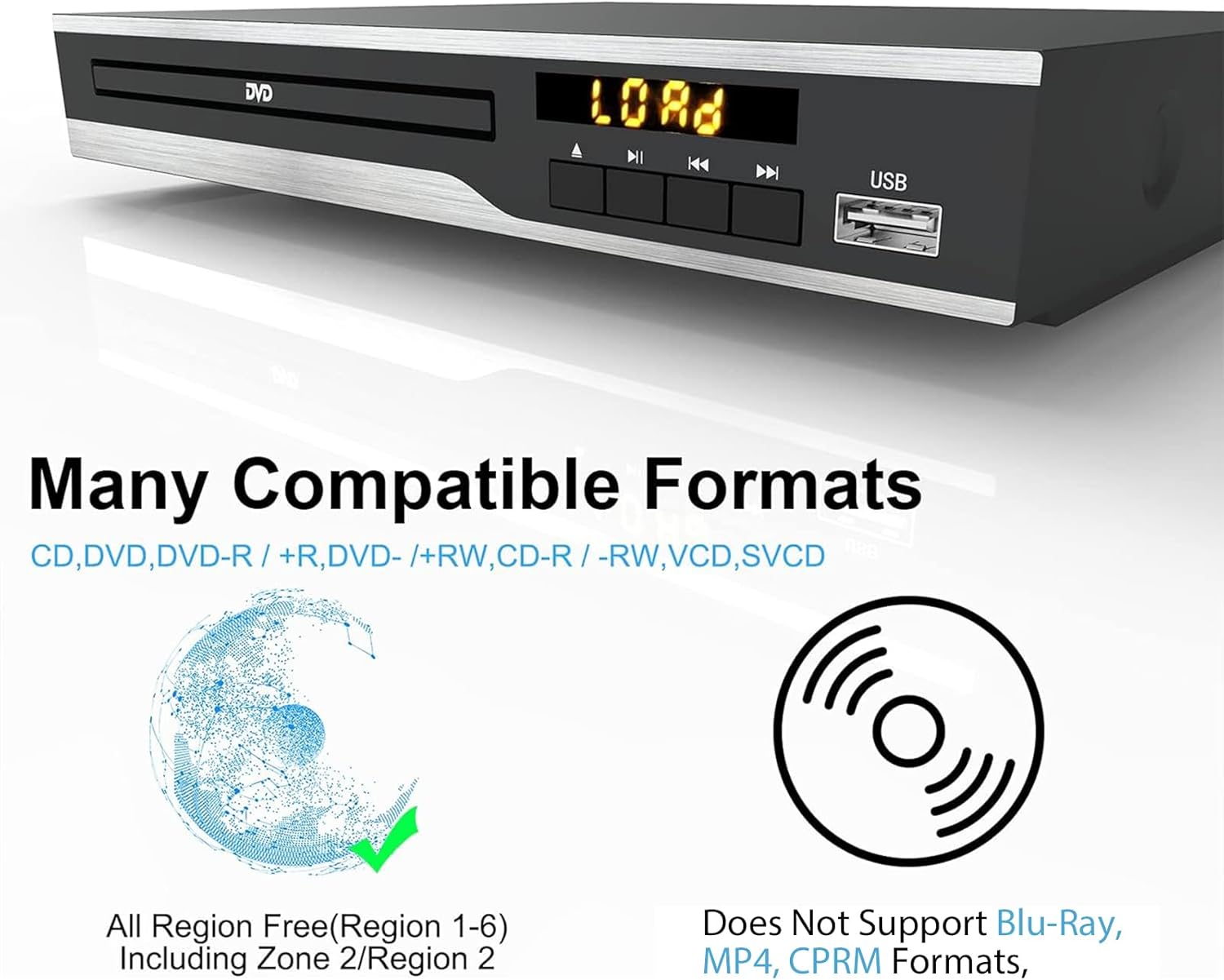 DVD Player, Region Free DVD Players for CD/DVD's, Compact DVD Player Supports NTSC/PAL System with RCA Stable Outputs/USB 128G Input, Contains Remote Control and RCA Cable(without HDMI Cable)