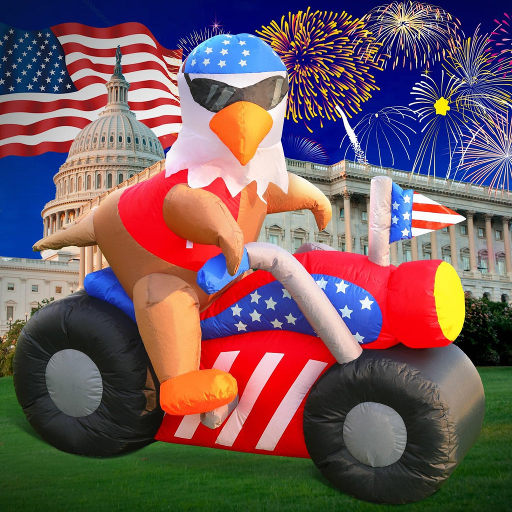DomKom 6 FT Patriotic Independence Day 4th of July Inflatable Outdoor Decoration, Bald Eagle Sitting on Motorcycle, LED Lights Holiday Blow Up for Fourth of July Party Garden Yard Lawn Decor