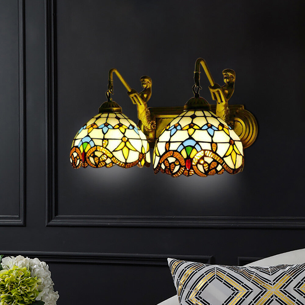 Retro Gold Stained Glass Wall Sconce 2 Lights Tiffany Mermaid Vanity Fixture Wall Light for Front Doors