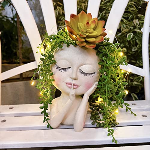 Solar-Face Flower Pot Head Planter Pots - LED String Lights Warterproof Resin Succulent Cactus Planters Pots with Drainage Hole Cute Lady Closed Eyes Indoor Outdoor Garden Decor (Large)
