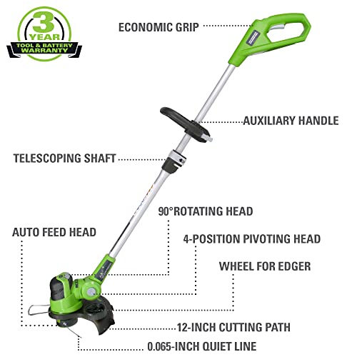 Greenworks 24V 12 inch String Trimmer, 2Ah USB Battery and Charger Included ST24B215