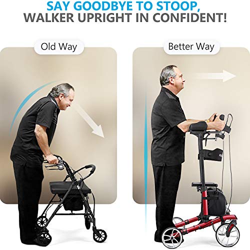 OasisSpace Upright Walker for Seniors - 10” Front Wheels Upright Rollator Walker with Seat and Padded Armrest, Folding Stand Up Walker Support up 300lbs,Gray