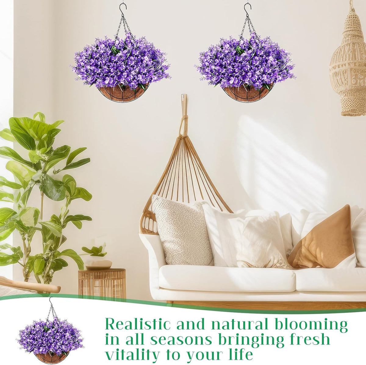 2 Pack Artificial Hanging Flowers in Basket for Spring Summer Porch Home Garden Yard Decoration Faux Hyacinth Arrangement Fake Plants in 12 Inch Coconut Lining Basket for Outdoors Indoors Decor