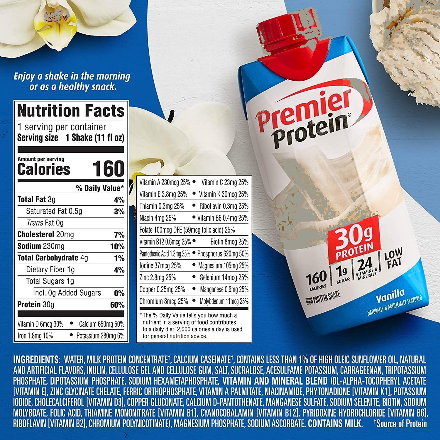 Premier Protein High Protein Shakes Variety Sampler Pack, 11 Fl. Oz Each - Cafe Latte, Chocolate, Vanilla, Caramel, Cake Batter, Chocolate Peanut Butter - 2 of Each Flavor (12 Pack) in The Award Box Packaging