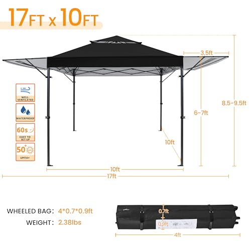 Yaheetech 10x17ft Pop Up Canopy with Awnings, 2-Tier Outdoor Canopy Tent, Heavy Duty Instant Shelter with Ventilation, Adjustable Dual Half Awnings & Wheeled Carry Bag, One-handed Set-up, Black
